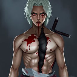 Concept art of a young man with red eyes and black sclera, featuring medium-length, platinum-white hair