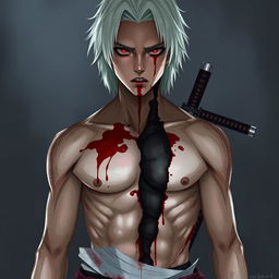 Concept art of a young man with red eyes and black sclera, featuring medium-length, platinum-white hair