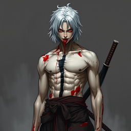 Concept art of a young man with red eyes and black sclera, featuring medium-length, platinum-white hair