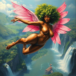 A polished, oil-based painting depicting an aerial view of a full nude body of a gorgeous black woman with a bright green tree afro and pink flamingo wings