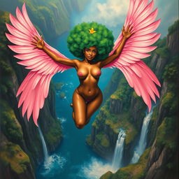 A polished, oil-based painting depicting an aerial view of a full nude body of a gorgeous black woman with a bright green tree afro and pink flamingo wings