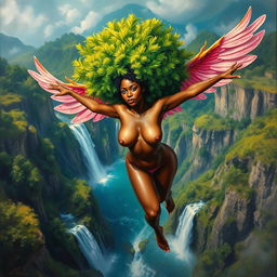 A polished, oil-based painting depicting an aerial view of a full nude body of a gorgeous black woman with a bright green tree afro and pink flamingo wings