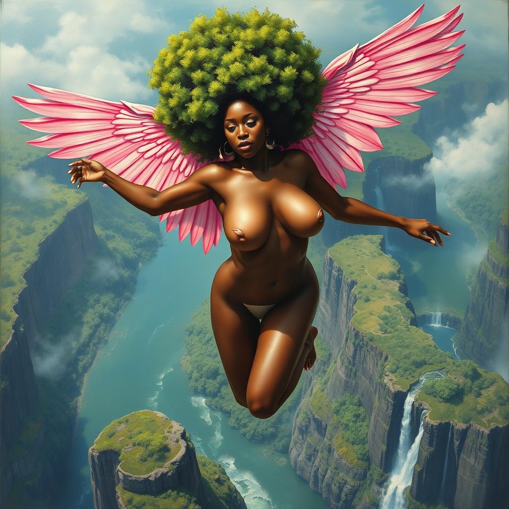 A polished, oil-based painting depicting an aerial view of a full nude body of a gorgeous black woman with a bright green tree afro and pink flamingo wings