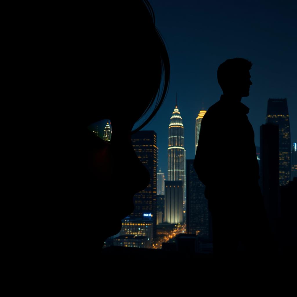 A nighttime cityscape silhouette of Jakarta, showcasing skyscrapers with glittering city lights