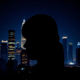 A nighttime cityscape silhouette of Jakarta, showcasing skyscrapers with glittering city lights