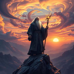 A magnificent and awe-inspiring scene featuring a powerful mage standing atop a rocky cliff