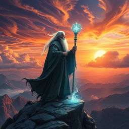 A magnificent and awe-inspiring scene featuring a powerful mage standing atop a rocky cliff