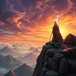 A magnificent and awe-inspiring scene featuring a powerful mage standing atop a rocky cliff