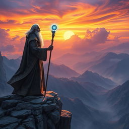 A magnificent and awe-inspiring scene featuring a powerful mage standing atop a rocky cliff