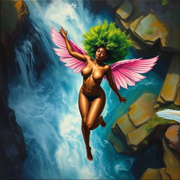 A polished, oil-based painting depicting a full nude body aerial view of a gorgeous black woman with a bright green tree afro and pink flamingo wings