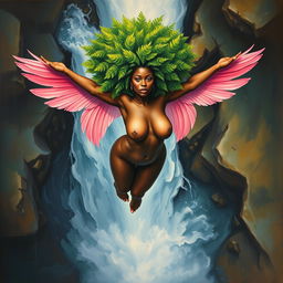 A polished, oil-based painting depicting a full nude body aerial view of a gorgeous black woman with a bright green tree afro and pink flamingo wings