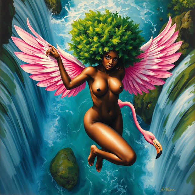 A polished, oil-based painting depicting a full nude body aerial view of a gorgeous black woman with a bright green tree afro and pink flamingo wings