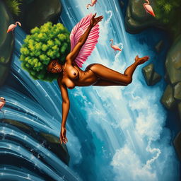 A polished, oil-based painting depicting a full nude body aerial view of a gorgeous black woman with a bright green tree afro and pink flamingo wings