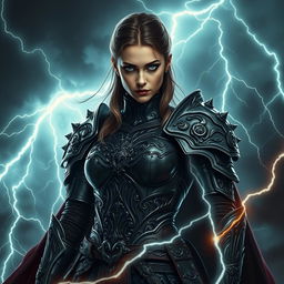 A powerful and enigmatic woman clad in intricate, dark medieval fantasy armor stands amidst a raging storm, exuding an aura of mystery and strength