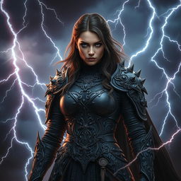 A powerful and enigmatic woman clad in intricate, dark medieval fantasy armor stands amidst a raging storm, exuding an aura of mystery and strength