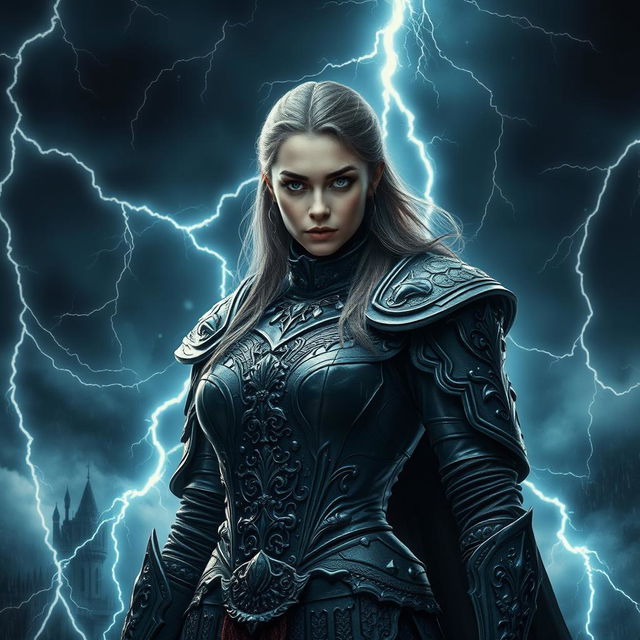 A powerful and enigmatic woman clad in intricate, dark medieval fantasy armor stands amidst a raging storm, exuding an aura of mystery and strength