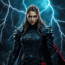 A powerful and enigmatic woman clad in intricate, dark medieval fantasy armor stands amidst a raging storm, exuding an aura of mystery and strength