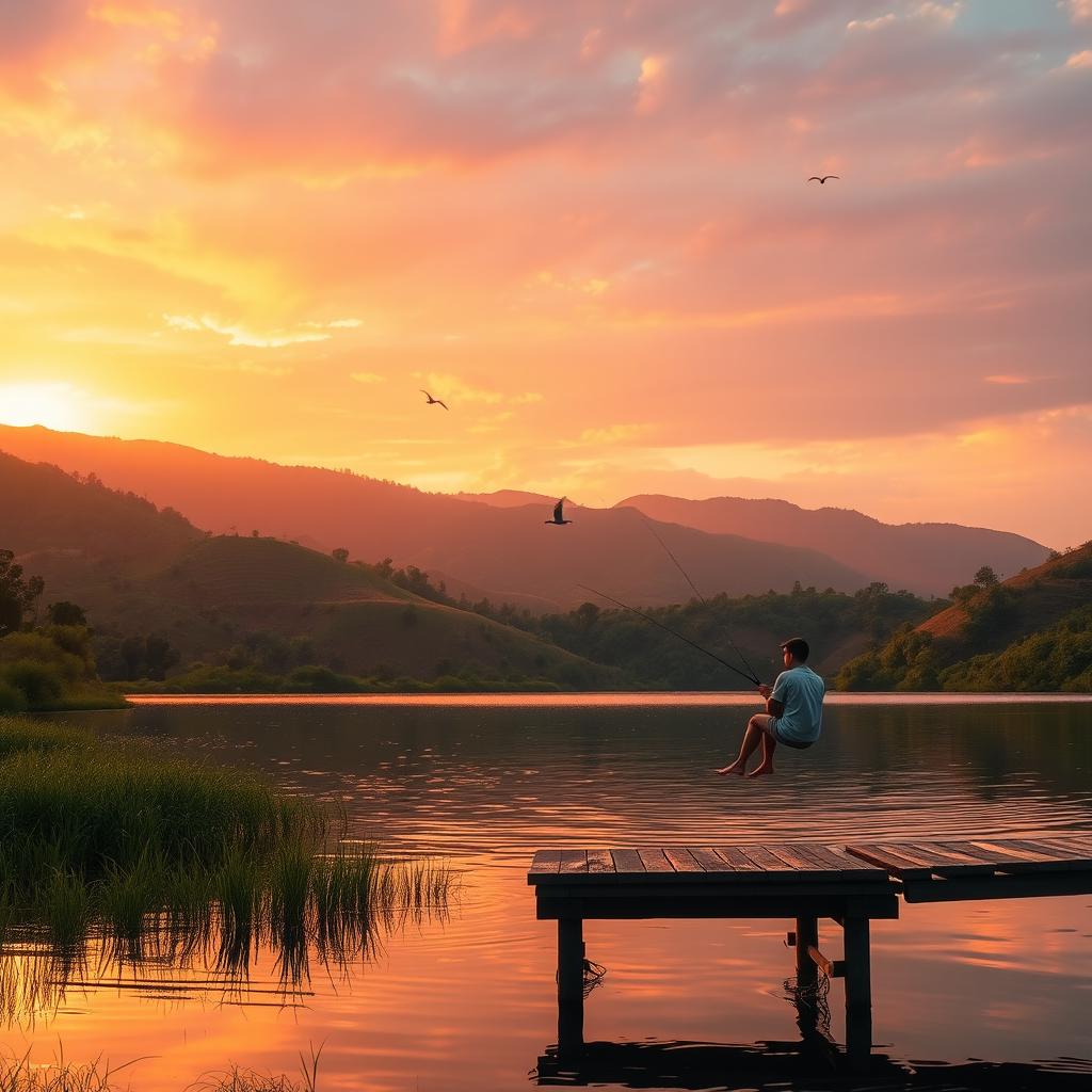 A serene landscape during the golden hour, with rolling hills bathed in warm sunlight