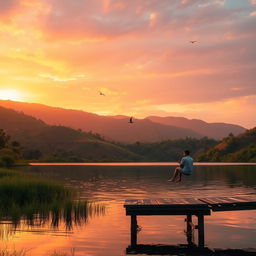 A serene landscape during the golden hour, with rolling hills bathed in warm sunlight