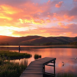 A serene landscape during the golden hour, with rolling hills bathed in warm sunlight