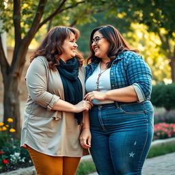 two plus-sized feminist women in a loving relationship, standing together and holding hands, demonstrating warmth and affection while smiling at each other