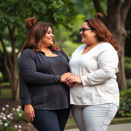 two plus-sized feminist women in a loving relationship, standing together and holding hands, demonstrating warmth and affection while smiling at each other