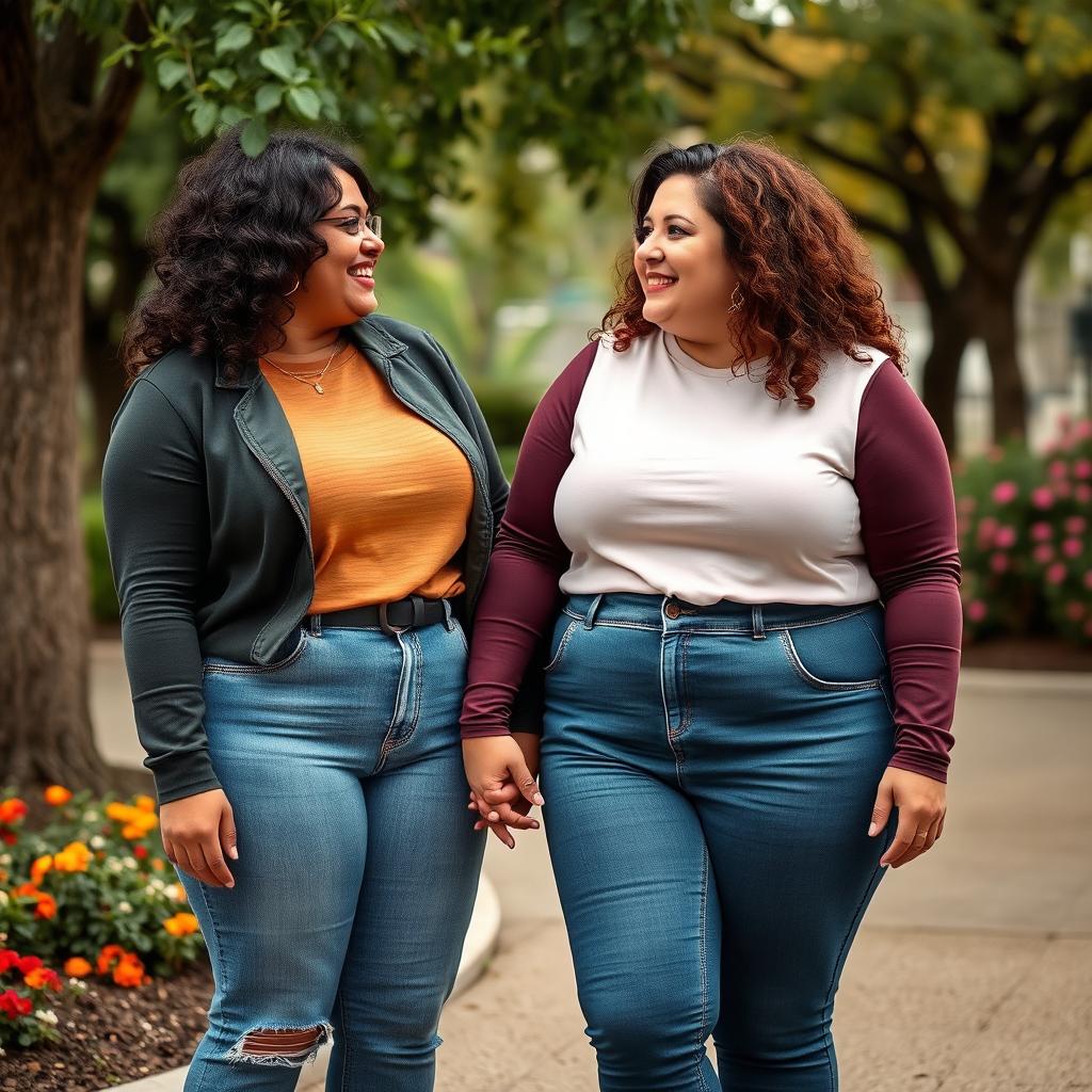 two plus-sized feminist women in a loving relationship, standing together and holding hands, demonstrating warmth and affection while smiling at each other