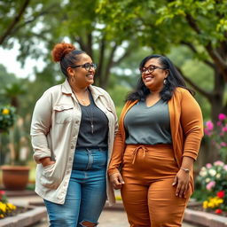 two plus-sized feminist women in a loving relationship, standing together and holding hands, demonstrating warmth and affection while smiling at each other