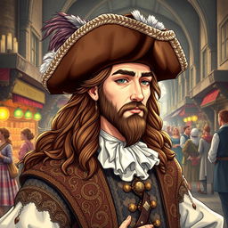 A detailed illustration of a classic bard wearing a tricorne hat