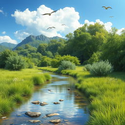 A serene and tranquil depiction of a natural landscape, focusing on the untouched beauty of nature