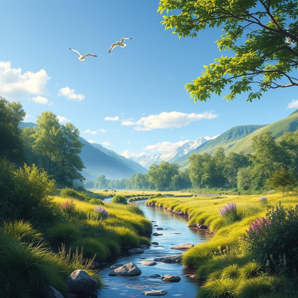 A serene and tranquil depiction of a natural landscape, focusing on the untouched beauty of nature