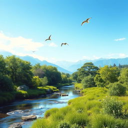 A serene and tranquil depiction of a natural landscape, focusing on the untouched beauty of nature