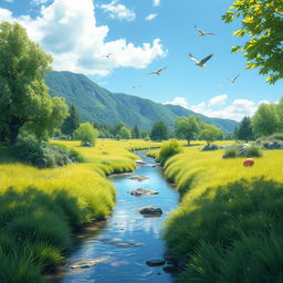 A serene and tranquil depiction of a natural landscape, focusing on the untouched beauty of nature