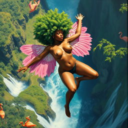 A polished, oil-based painting capturing a full nude body aerial view of a gorgeous black woman with a bright green tree afro and pink flamingo wings