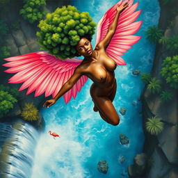 A polished, oil-based painting capturing a full nude body aerial view of a gorgeous black woman with a bright green tree afro and pink flamingo wings