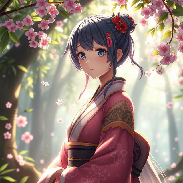 A highly detailed 3D anime character in an enchanting fantasy setting, emphasizing aesthetically pleasing design and vibrancy