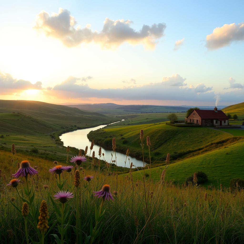 A serene countryside landscape with rolling hills and a winding river, bathed in the gentle glow of a setting sun