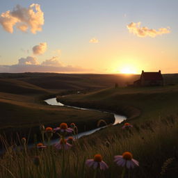 A serene countryside landscape with rolling hills and a winding river, bathed in the gentle glow of a setting sun