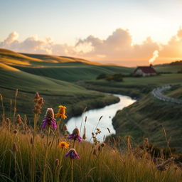 A serene countryside landscape with rolling hills and a winding river, bathed in the gentle glow of a setting sun