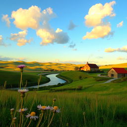 A serene countryside landscape with rolling hills and a winding river, bathed in the gentle glow of a setting sun