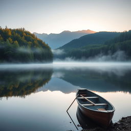 A serene landscape featuring a serene lake surrounded by lush, green forests