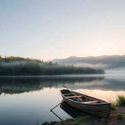 A serene landscape featuring a serene lake surrounded by lush, green forests