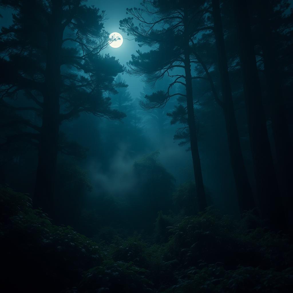 Captivating, mysterious forest at twilight with soft rays of moonlight filtering through dense foliage