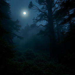 Captivating, mysterious forest at twilight with soft rays of moonlight filtering through dense foliage