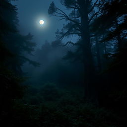 Captivating, mysterious forest at twilight with soft rays of moonlight filtering through dense foliage