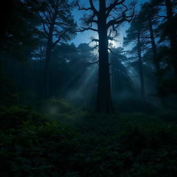 Captivating, mysterious forest at twilight with soft rays of moonlight filtering through dense foliage