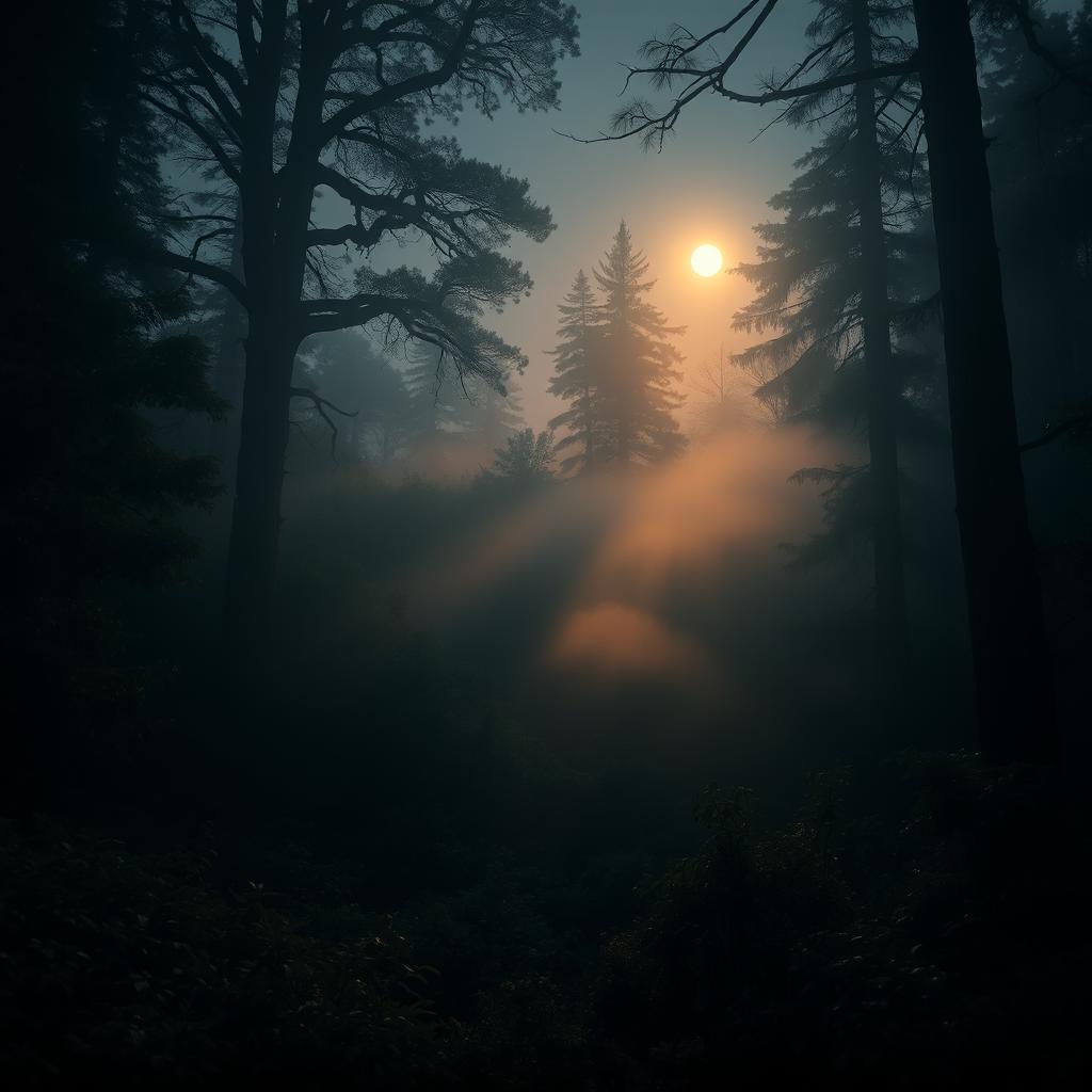 Captivating, mysterious forest at twilight with soft rays of moonlight filtering through dense foliage