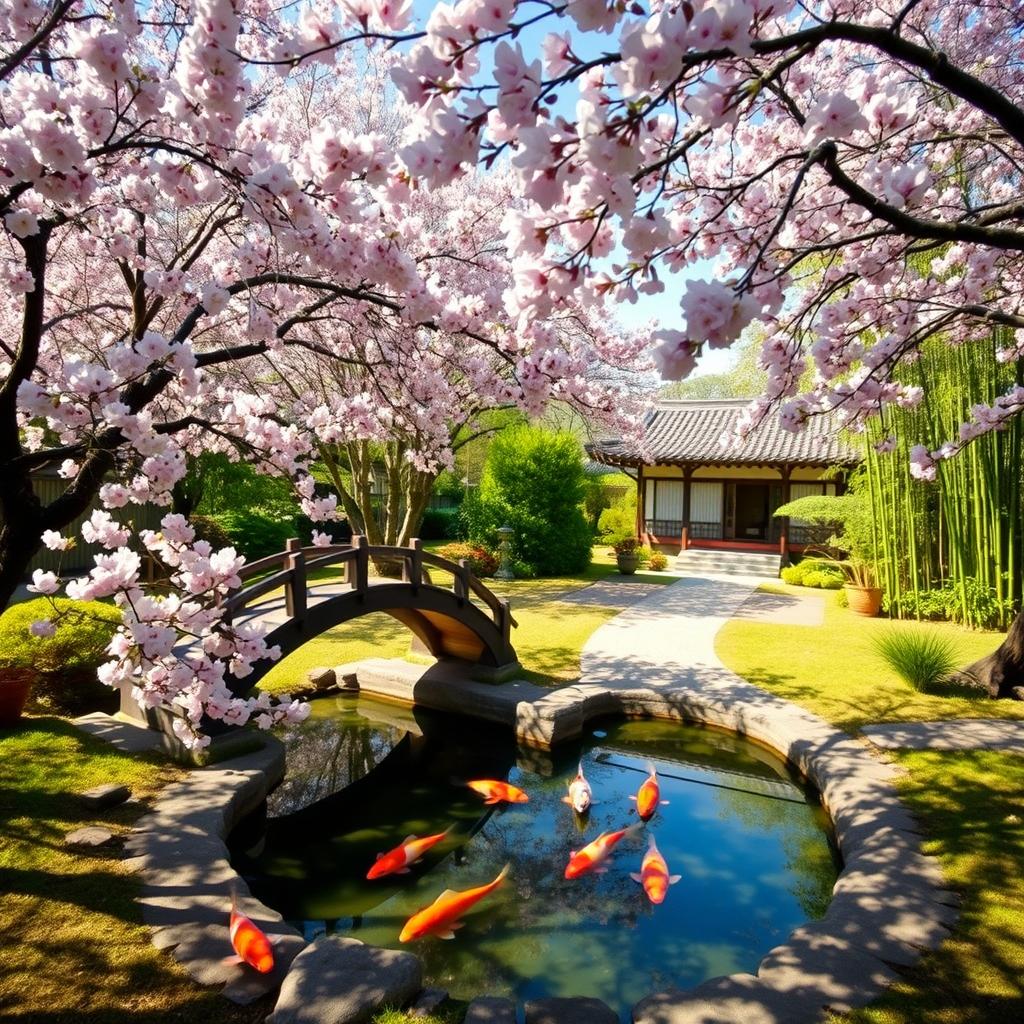 A serene landscape of a Japanese-style garden with cherry blossoms in full bloom, a small pond with koi fish swimming, and an arched wooden bridge