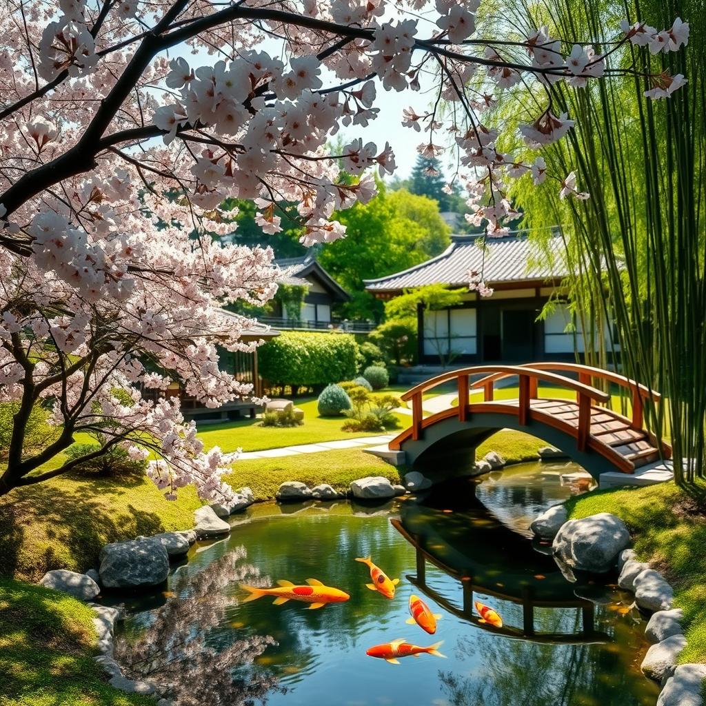 A serene landscape of a Japanese-style garden with cherry blossoms in full bloom, a small pond with koi fish swimming, and an arched wooden bridge