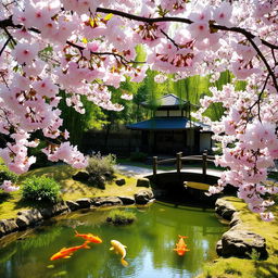 A serene landscape of a Japanese-style garden with cherry blossoms in full bloom, a small pond with koi fish swimming, and an arched wooden bridge